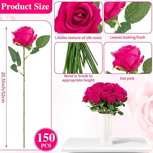 150 Pcs Roses Artificial Flowers, Silk Hot Pink Artificial Flowers Petals Long Stem Roses for Wedding Bouquet Home Party Decor