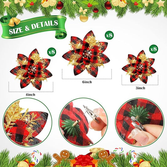 24 Christmas Glitter Artificial Poinsettia Flowers Xmas Poinsettia Artificial Wedding Flowers Decorations Xmas Tree Ornaments with Clips for Party Favors, 6 Inch, 4 Inch, 3 Inch (Red Black, Gold)