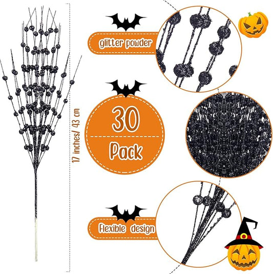 Geosar 30 Pcs Christmas Artificial Glitter Berry Stem Decorations 17 Inch Faux Stick Floral Pick Centerpiece Bouquet Flower Bead Twigs for Centerpiece Tree Wreath Xmas Ornaments Home(Black)
