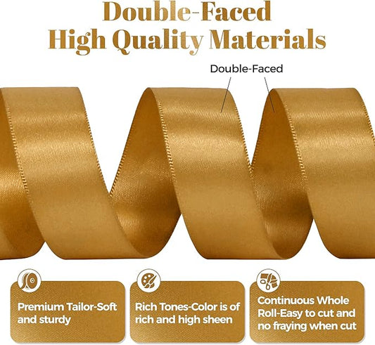 Old Gold Satin Ribbon, Double Faced 7/8 Inch X 50 Yards Old Gold Ribbon, Premium Satin Ribbon for Gift Wrapping, Crafts, Hair Bow Making, Sewing, Flower Bouquet, Wedding Party Decor