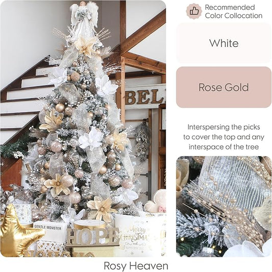 Sea Team 24-Pack Artificial Glitter Berry Stem Ornaments, Decorative Bead Sticks, Glittery Twigs, Picks, Branches for Christmas Tree, Small Vase, Holiday, Wedding, Party (17 Inches, Rose Gold)