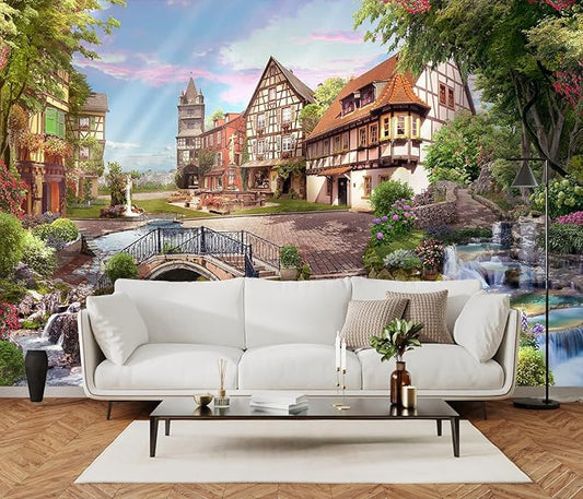 Flowery Waterfall and Beautiful Street Scene in The Sunshine Wall Mural for Living Room, Bedroom, Bathroom Backdrop Decoration(Non-self-Adhesive)