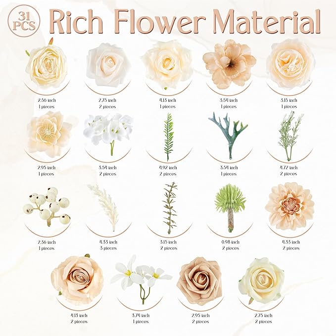 Artificial Flowers, Fake Flowers, Silk Flowers with Stem for DIY Nude Flower Box Wedding Bouquet Centerpieces Shower Party Floral Arrangement Décor