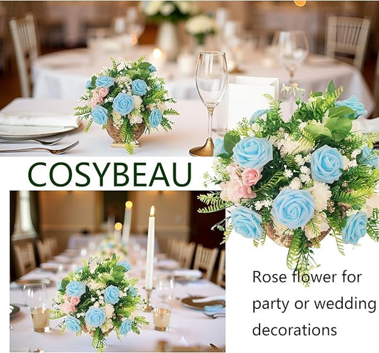 Artificial Rose Flowers 25pcs, Light Blue Foam Fake Rose Faux Flower for Wedding Bouquets Bridal Shower Centerpieces Floral Arrangements Home Decorations Party Backdrops Table