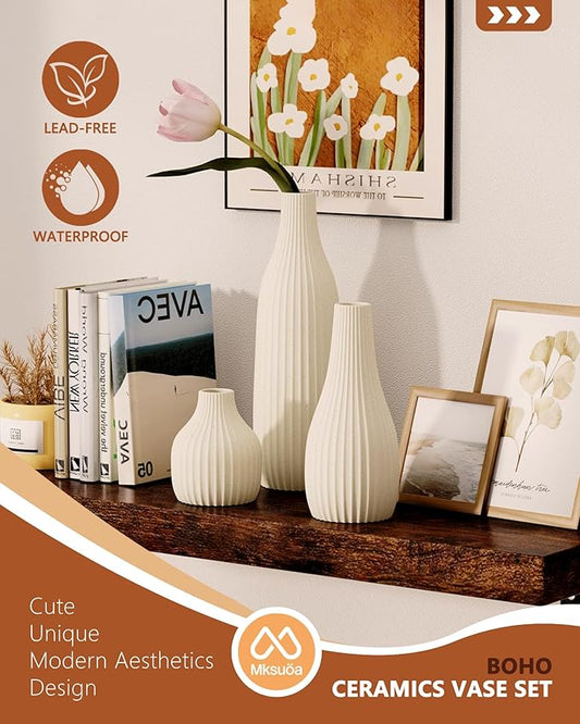 Decorative Flower Vase Set of 3 - Modern Boho Style Beige Vases,Ribbed Textures Ceramic Vase for Home Decor Shelf Bookshelf Mantle TV Stand Entryway Console,Dining Table Centerpiece Decor