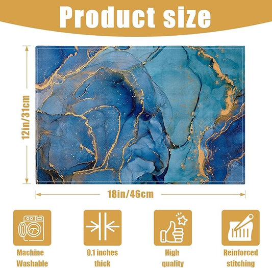 Blue Gold Marble Placemats Set of 6, Linen Place Mat Washable Stain Resistant Table Mats for Farmhouse Kitchen Dining Party Wedding Decor 12x18 Inch