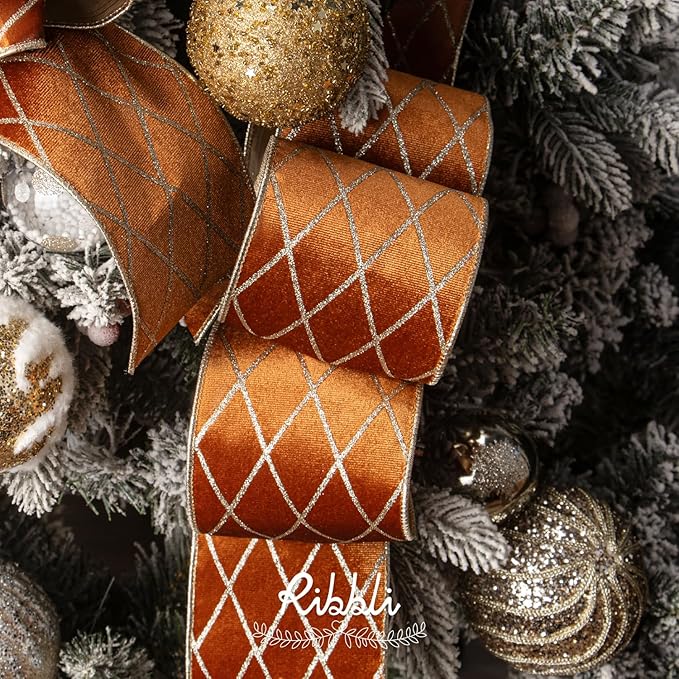Ribbli Copper Brown Velvet Ribbon Wired with Glitter Diamond Grid 4 Inch Terracotta Christmas Ribbon for Christmas Tree Decoration Big Bow Gift Wrapping Crafts Wreaths Garland Supplies - 10 Yards