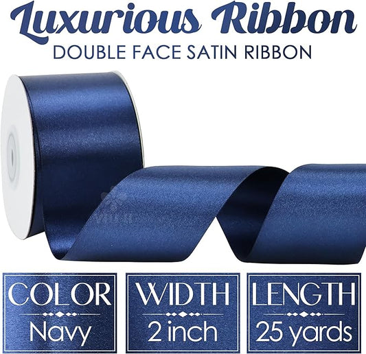 MEEDEE 2 Inch Navy Blue Ribbon Lux Double Faced Ribbon by 25 Yards Navy Silk Ribbons Navy Blue Satin Ribbons for Gift Wrapping, Weddings, Flower Bouquet, Holiday Decorating