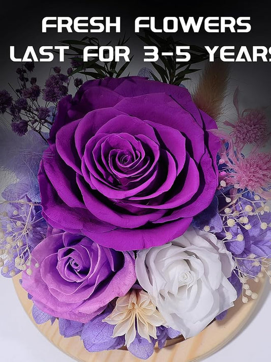 FIACO Gifts for Women Christmas Preserved Rose Forever Fresh Flowers for Delivery Birthday Flowers Gifts for Mom Grandma Wife Friends Purple Eternal Roses in Glass Dome
