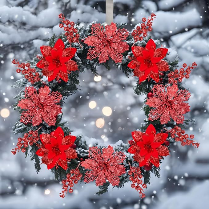 Sawowkuya 22 Pcs Red Christmas Poinsettia Artificial Flowers and Glitter Berries Stems Kit, Christmas Poinsettias Decorations and Christmas Tree Ornaments for Xmas Home Wedding Holiday Tree Decor