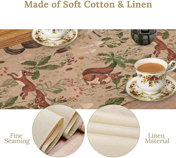 Rustic Woodland Table Runner, Retro Cabin Lodge Fairy Tale Forest Wild Animals Hare Squirrel Print Table Runner for Kitchen Dining Home Decor Wreath Party Decoration, 13x120inch