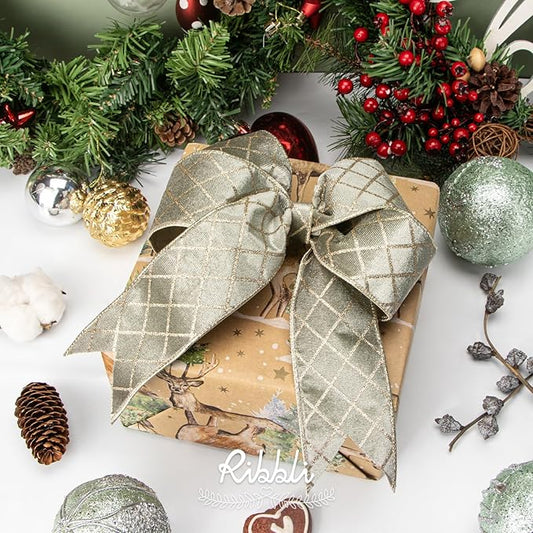 Ribbli Dusty Green Velvet Ribbon Wired with Glitter Diamond Grid 2-1/2 Inch Christmas Ribbon for Christmas Tree Decoration Big Bow Gift Wrapping Crafts Wreaths Garland Supplies - 10 Yards