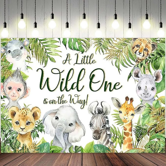 12x8ft Baby Shower Backdrop A Little Wild One is On The Way Photography Background Jungle Animals Tropical Green Leaf Newborn Birthday Party Banner Decorations Gender Reveal Photo Booth Prop