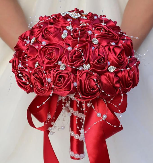 Bridal Wedding Bouquet Round Bling Brooch Bouquet Throw Toss Artificial Rose Flower Bunch for Bride Bridesmaid Wedding Quinceanera(Ruby Red, 9.8")