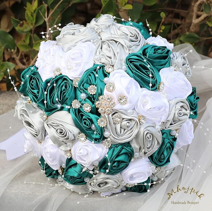Bridal Wedding Bouquet Round Bling Brooch Bouquet Throw Toss Artificial Rose Flower Bunch for Bride Bridesmaid Wedding Quinceanera(Dark Green, Silver & White, 8.7")