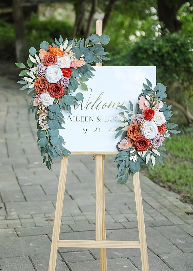 Burnt Orange Wedding Arch Flowers, Artificial Flowers for Wedding Welcome Signs and Autumn Weddings Reception Ceremony Decoration, Fall Flowers Decor (Set of 2)