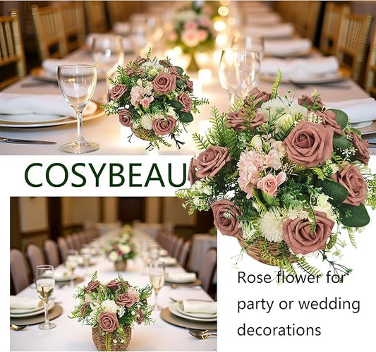 Artificial Rose Flowers 25pcs, Brown Foam Fake Rose Faux Flower for Wedding Bouquets Bridal Shower Centerpieces Floral Arrangements Home Decorations Party Backdrops Table