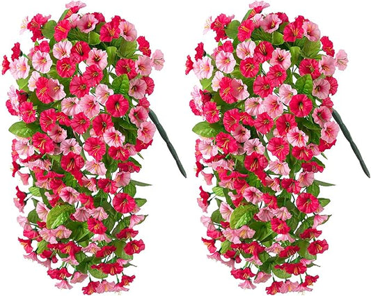 Artificial Fake Hanging Flowers Plants for Outdoor Decoration, 2PCS Faux Silk Morning Glory Long Vines Stems UV Resistant Look Real for Spring Summer Outside Home Porch Patio(Rose Red)