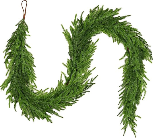 9 Ft Christmas Norfolk Pine Garland Real Touch Artificial Faux Greenery Christmas Garland Decorations for Home Fireplace Mantle Table Stairs Door Indoor Outdoor Holiday Decor