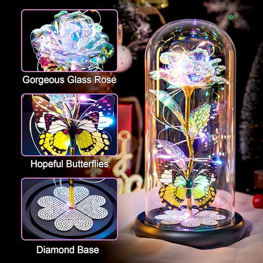 Christmas Rose Gifts for Women, Womens Gift for Christmas Birthday Gift Galaxy Glass Rose Forever Eternal Crystal Flower Light Up Roses in Glass Dome Butterfly Xmas Gifts for Mom Grandma Wife Colorful