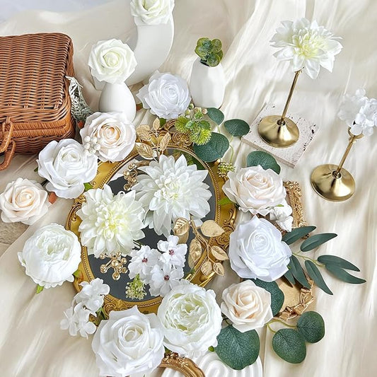 Ivory White Artificial Flowers Combo Box Set Silk Dahlia Roses Gold Leaves Stems DIY Bridal Wedding Bouquets Cake Boho Fake Floral Arrangements Baby Shower Party Table Centerpieces Home Decor Bulks