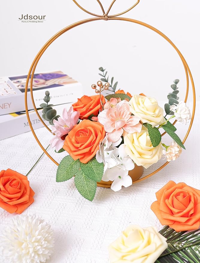 50pcs Artificial Flower,Real Touch Foam Roses w/Stem DIY for Wedding Bouquet Centerpieces Party Shower Home Decor-Yellow Orange