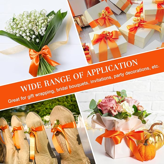1-1/2 Inches 100 Yards Orange Satin Ribbon, Ribbon Roll for Flower Bouquets, Gift Wrapping, Wedding, Handmade Crafts