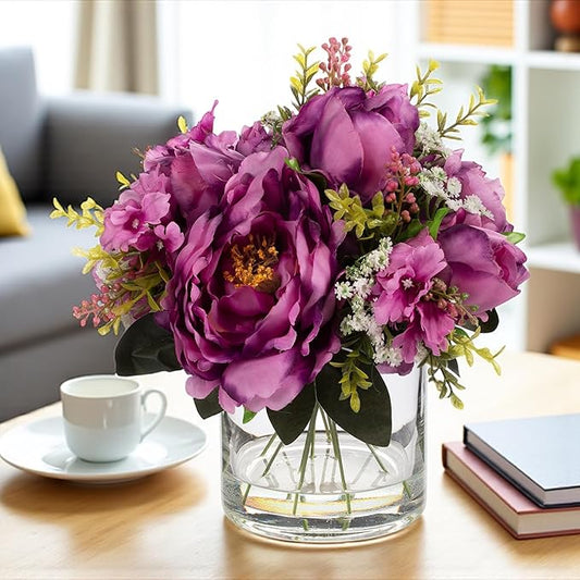 ENOVA FLORAL Artificial Silk Flower Arrangement with Vase,Mixed Artificial Silk Peony Flower in Vase for Decoration Home Office, Wedding Centerpiece (Purple)