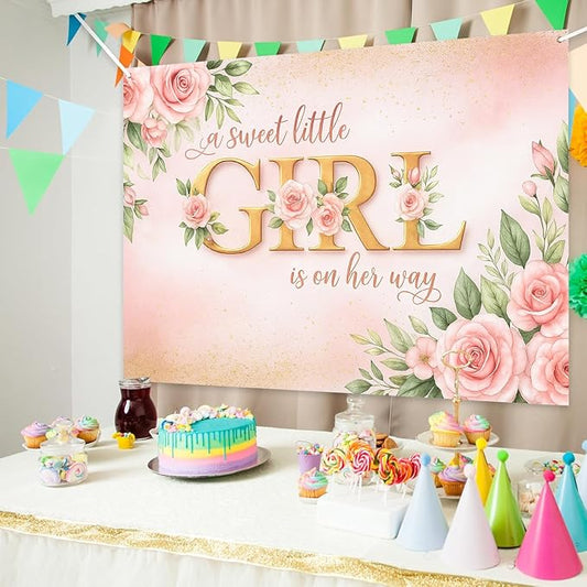 7x5ft Pink Floral Girl Baby Shower Decorations, A Sweet Little Girl is on Her Way Baby Shower Party Backdrop, Photography Background Banner for Gender Reveal, Maternity Photo Booth