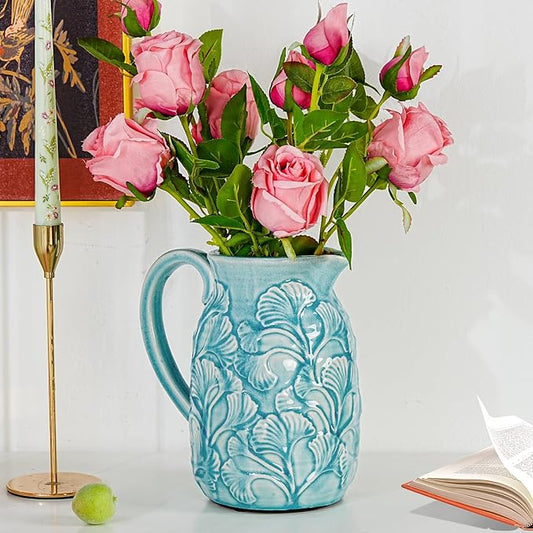 Sungmor Embossed Ceramic Pitcher Vase, Decorative Blue Farmhouse Ceramic Pitcher for Flowers, Vintage Textured Vase for Table, Kitchen & Home Decor, 8 Inch with Ice Crackle Glaze Finish