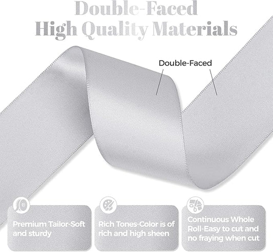 Silver Satin Ribbon, Double Faced 2 Inch X 25 Yards Silver Ribbon, Premium Satin Ribbon for Gift Wrapping, Crafts, Hair Bow Making, Sewing, Flower Bouquet, Wedding Party Decor