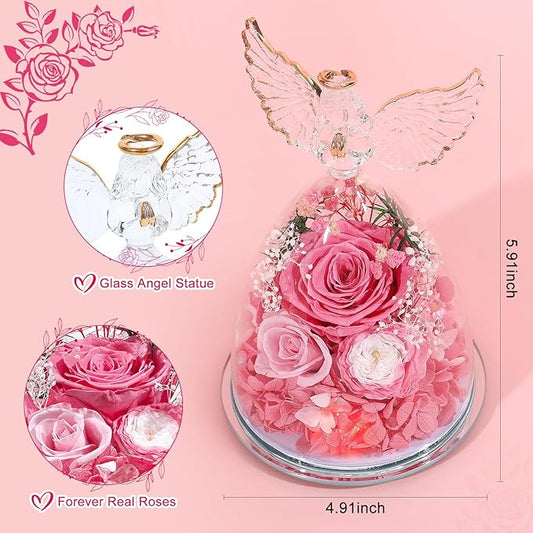 FIACO Gifts for Women Preserved Rose Forever Flower in Glass Angel Figurine Fresh Flowers for Delivery Mothers Day Birthday Gifts for Mom Grandma Wife Sister Pink
