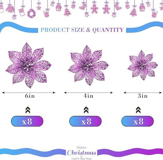 Boao Purple 24 Pieces Poinsettia Flower Christmas Glitter Artificial Poinsettia with Clips Christmas Tree Ornament Decorations for DIY Xmas Wreath Holiday Home Party Decor, 3/4/6 Inches