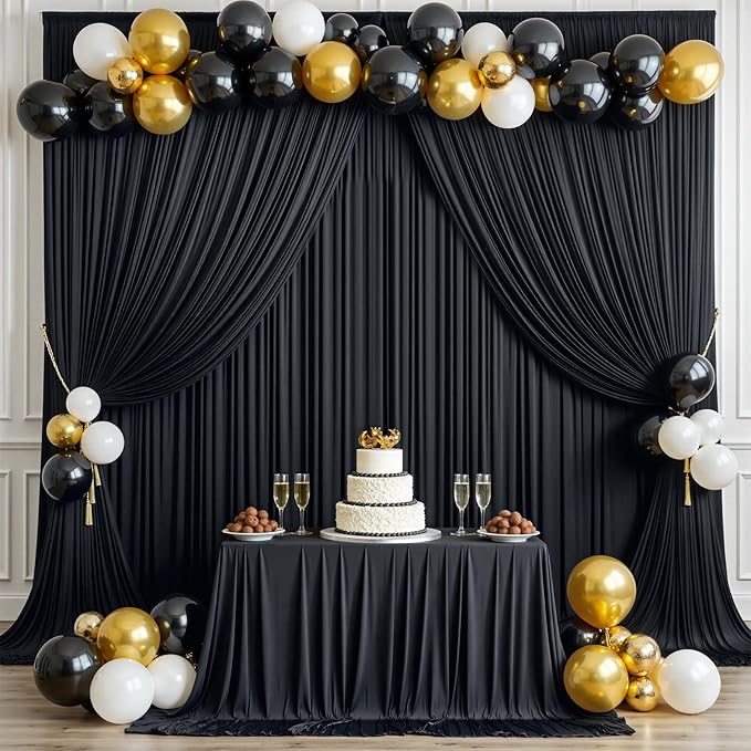 gogoparti 20 ft × 12 ft Black Backdrop Curtain for Wedding Parties, 4 Panels Wrinkle-Free 12 FT Long Polyester Photo Backdrop Drapes for Birthday, Baby Shower, Halloween Photography Background