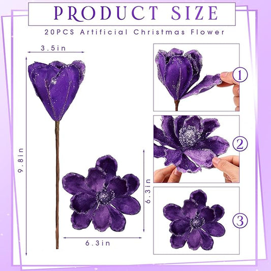 20 Pcs Christmas Glitter Poinsettia Magnolia Flowers Ornaments Large Heads Artificial Magnolia Flowers for Christmas Tree Xmas Wreath Holiday Wedding Decor (Purple)