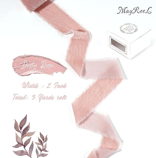 MAYREEL Dusty Rose Velvet Ribbon 2 Inch Hand Torn Pink Silk Frayed Edge Ribbon for Valentine's Day Bridal Bouquets Invitations Wedding Vow Books Gift Baskets Hair Bows 3 Yards