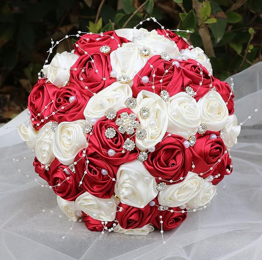 Bridal Wedding Bouquet Round Bling Brooch Bouquet Throw Toss Artificial Rose Flower Bunch for Bride Bridesmaid Wedding Quinceanera(Ruby Red & Ivory, 8.7")