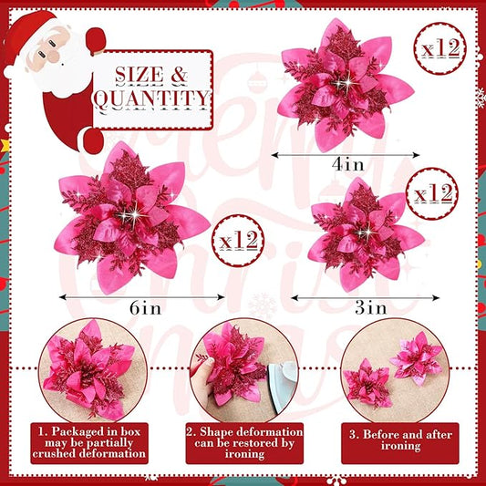 Geosar 36 Pcs Christmas Glitter Artificial Poinsettia Flowers Xmas Poinsettia Artificial Wedding Flowers Decorations Xmas Tree Ornaments with Clips for Party, 6 Inch, 4 Inch, 3 Inch(Peach Red)