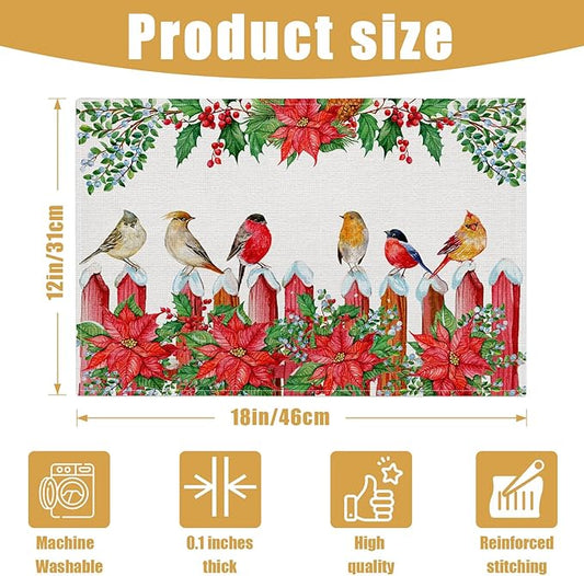 Christmas Birds Placemats Set of 6, Winter Red Cherry Linen Place Mat Washable Stain Resistant Table Mats for Farmhouse Kitchen Dining Party Wedding Decor 12x18 Inch