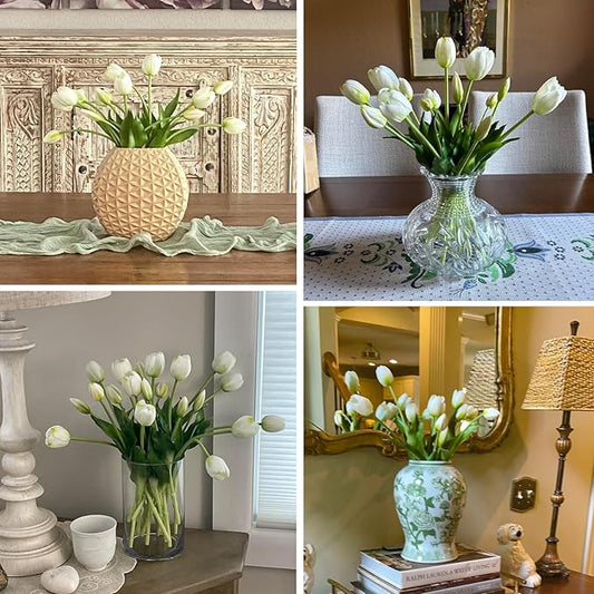 20PCS White Fake Tulips Artificial Flowers Real Touch Latex Faux Tulips UV Resistant Fake Flowers Bouquet for Table Home Decor Party Wedding Garden Decoration