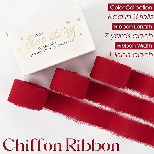 MEEDEE Red Chiffon Ribbon 1 Inch Frayed Ribbons Chiffon Silk Red Fringe Ribbons Thin Chiffon Ribbon for Crafts, Gift Wrapping, Wedding Invitation (3 Rolls 21 Yards)