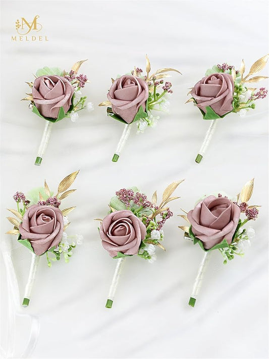 Meldel Dusty Rose Pink Boutonniere for Men Wedding, Set of 6, Groom Groomsman Boutonniere, Mens Boutonnieres for Wedding Prom Ceremony Anniversary Party Homecoming