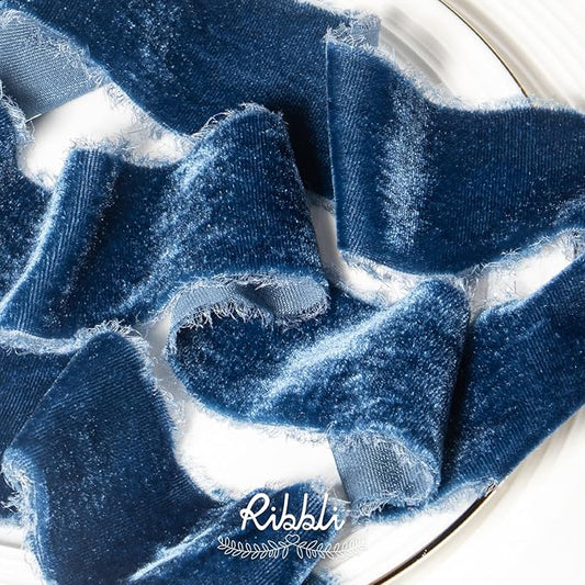 Ribbli Ocean Blue Velvet Ribbon 1.5 Inch Handmade Frayed Vintage Christmas Ribbon for Gift Wrapping Christmas Tree Ornament Wreath Craft Home Decor -3 Yards