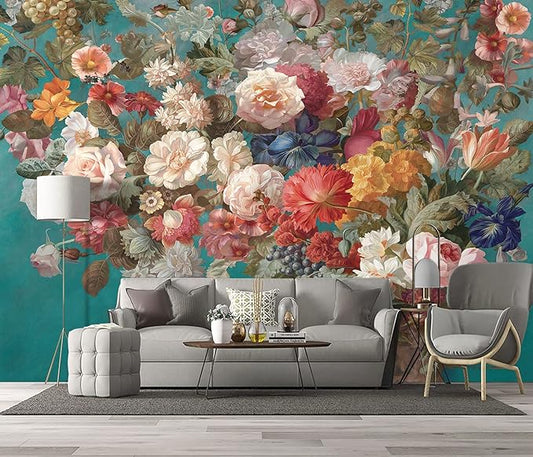 Floral Wallpaper Pink Peony murals Girls Bedroom Botanical Rose Flowers Leaf Aesthetic Room Decor Home Living Room tv Background Large Wall Mural - 91"x65" Not Peel and Stick