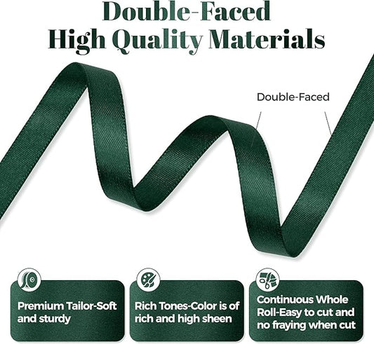 Hunter Green Satin Ribbon, Double Faced 3/8 Inch X 50 Yards Hunter Green Ribbon, Premium Satin Ribbon for Gift Wrapping, Crafts, Hair Bow Making, Sewing, Flower Bouquet, Wedding Party Decor