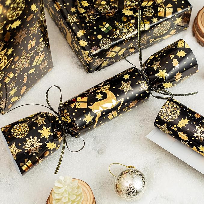 MAYPLUSS Shiny Christmas Wrapping Paper Roll - 17 Inch X 33 Feet - Luxury Metallic Foil Golden Reindeer Gift Snowflake Star on Black Design Winter Holiday Gift Wrap Paper for Party Birthday Wedding