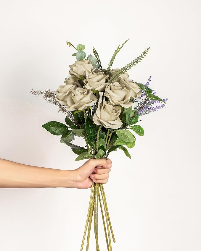 DuHouse 10pcs Silk Roses Artificial Flowers Fake Rose for Arrangement Wedding Party Home Decoration (Sand)