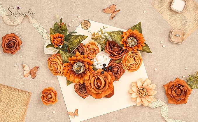 Serwalin Sunflower Artificial Flowers Burnt Orange Fall Flowers Fake Cake Flowers for DIY Wedding Bridal Bouquet Centerpieces Floral Arrangement Fall Decor Baby Shower Home Decor