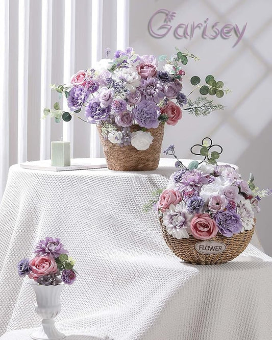 Artificial Flowers Combo Box Set Purple Fake Silk Flower for DIY Wedding Bouquet Arrangements Bridal Shower Party Home Decorations(White Purple Peony)