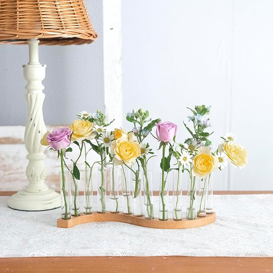 Test Tube Vases for Flowers,Small Plant Propagation Station,S Shape Plant Terrarium with Wooden Stand (Solid Beech)